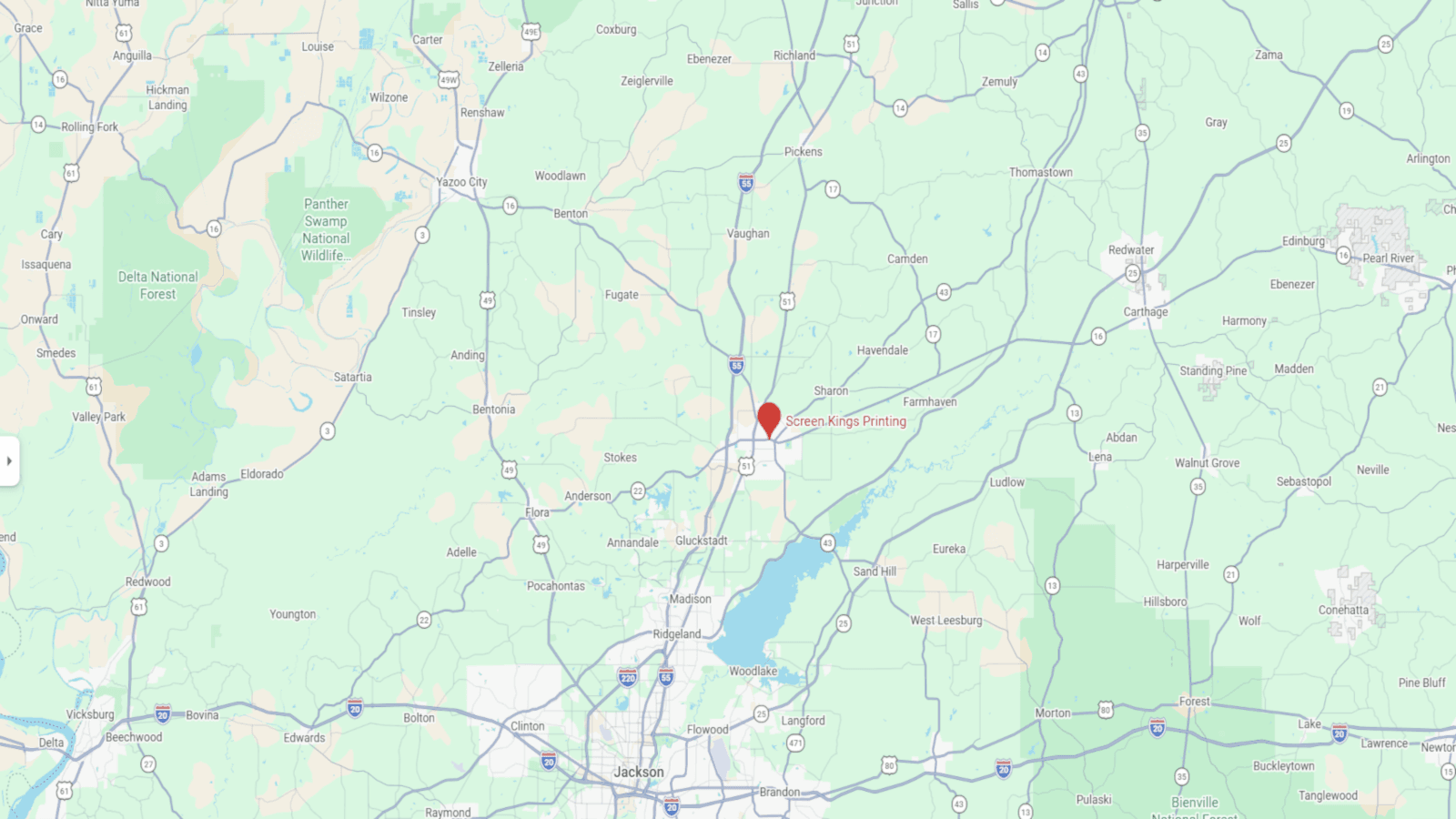 Map view of Screen Kings Printing location in Canton, Mississippi