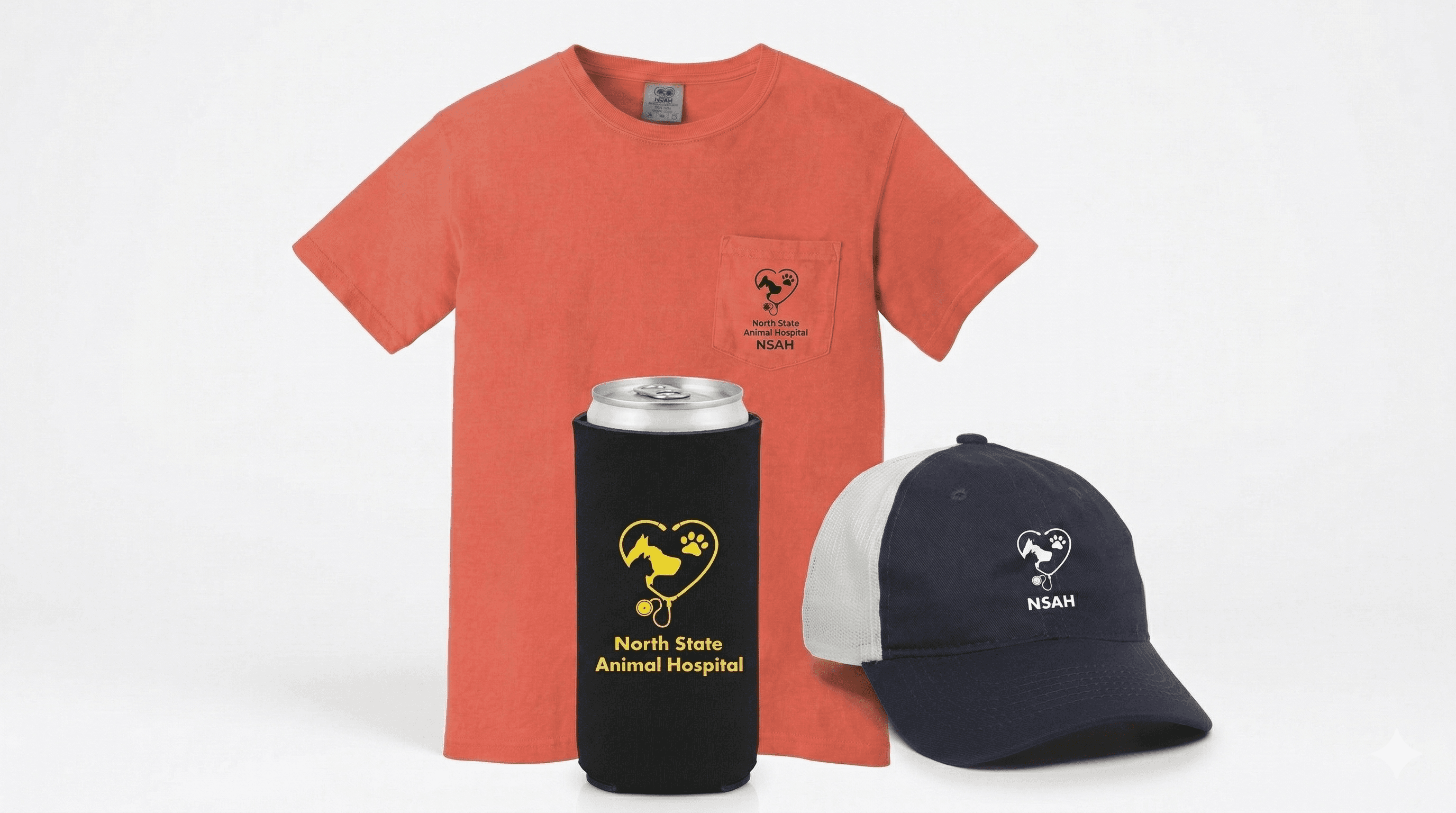 Custom branded apparel set with t-shirt, koozie, and cap for North State Animal Hospital
