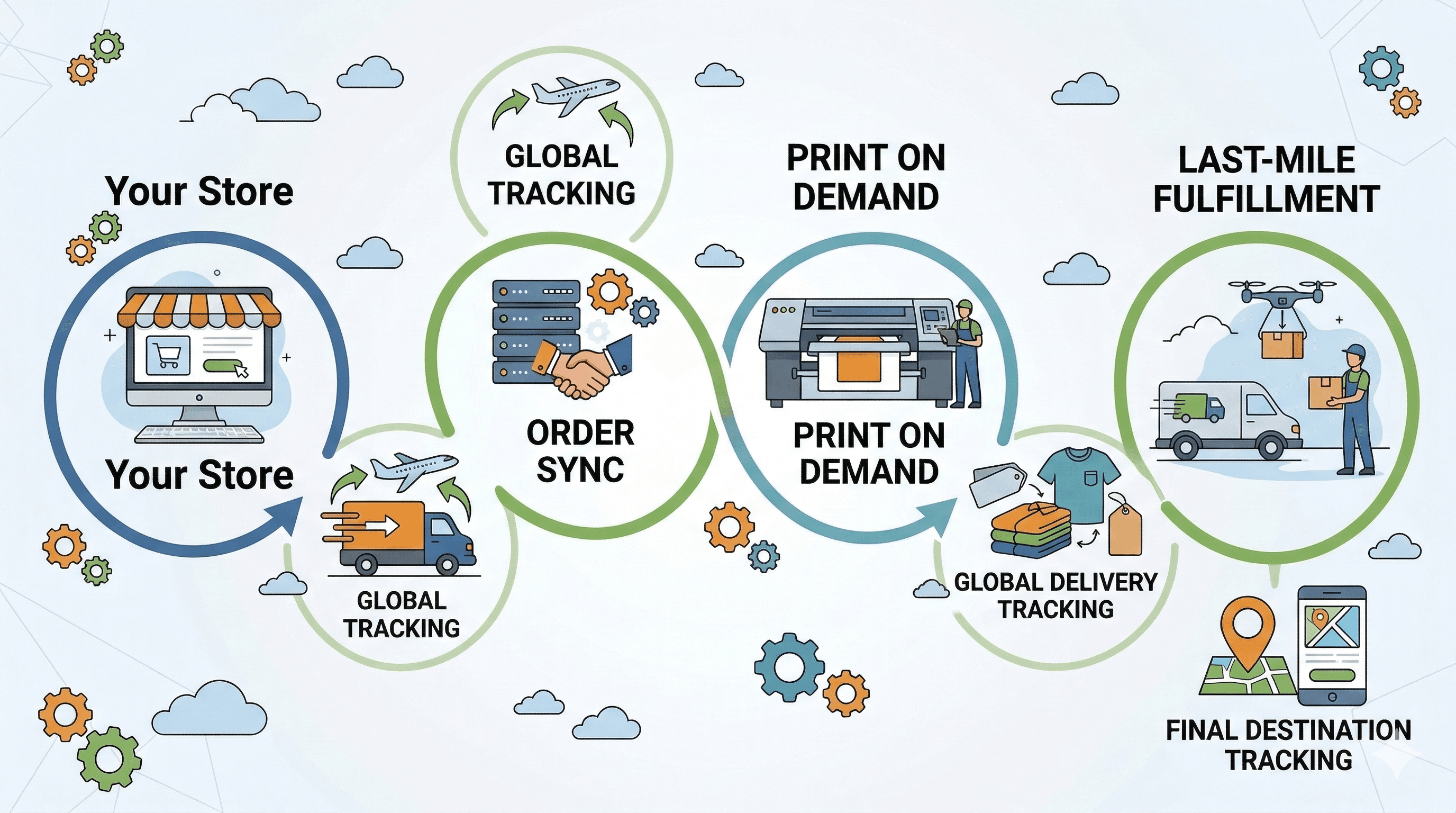 Fulfillment workflow with packaged product and ready-to-ship branded merch