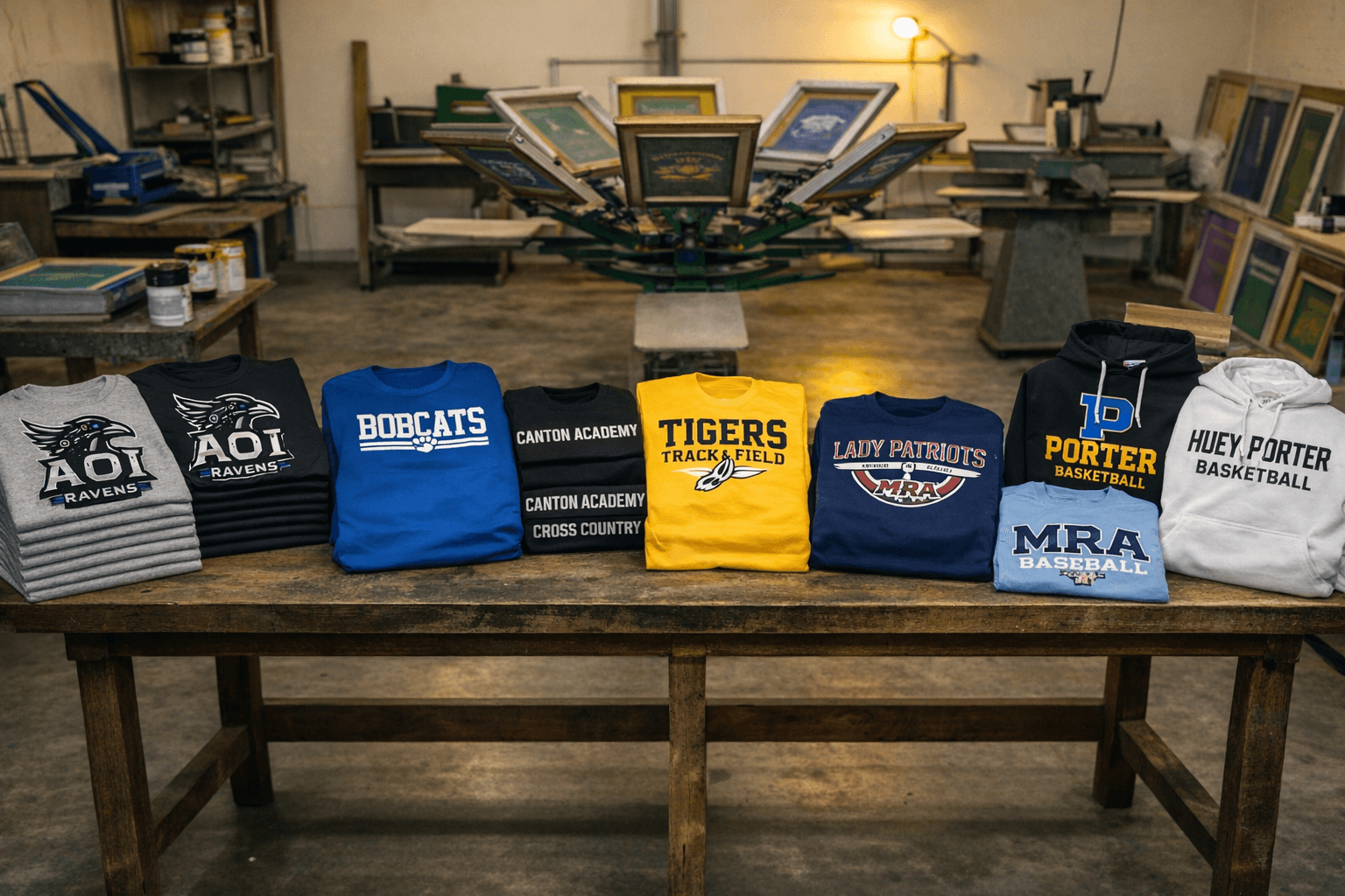 Stacks of custom printed shirts prepared for transfer production