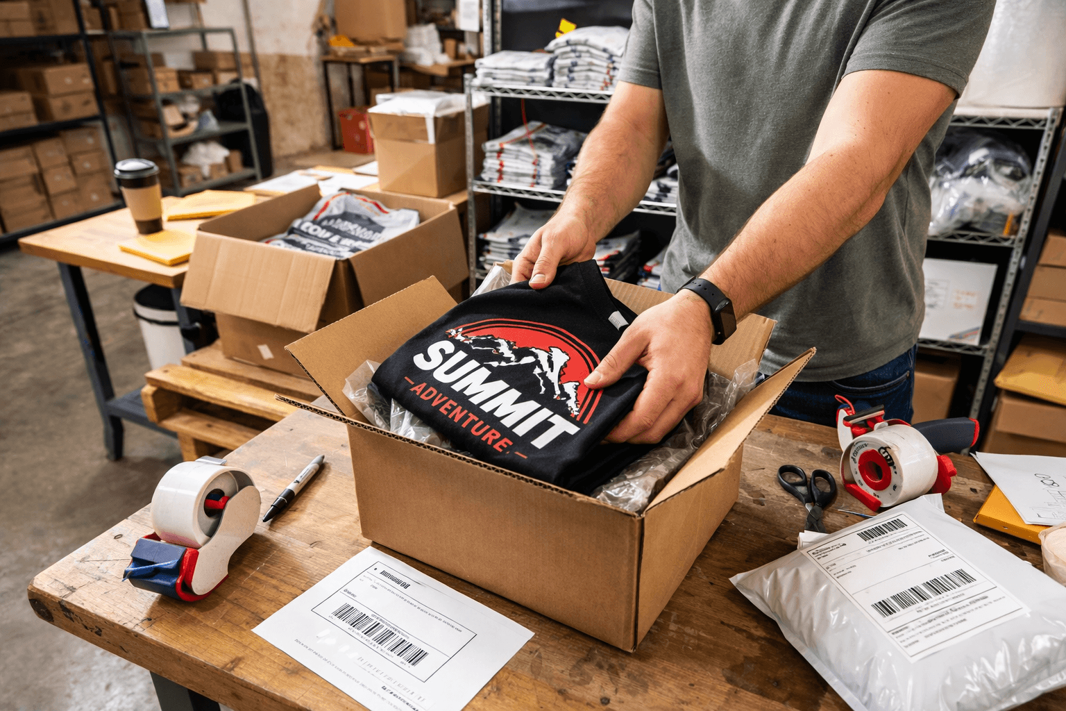 Fulfillment workflow packing custom apparel into a shipping box