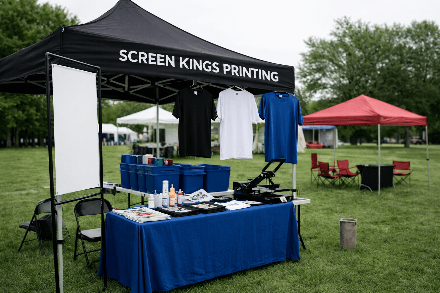 Screen Kings Printing pop-up booth setup for live event merchandise