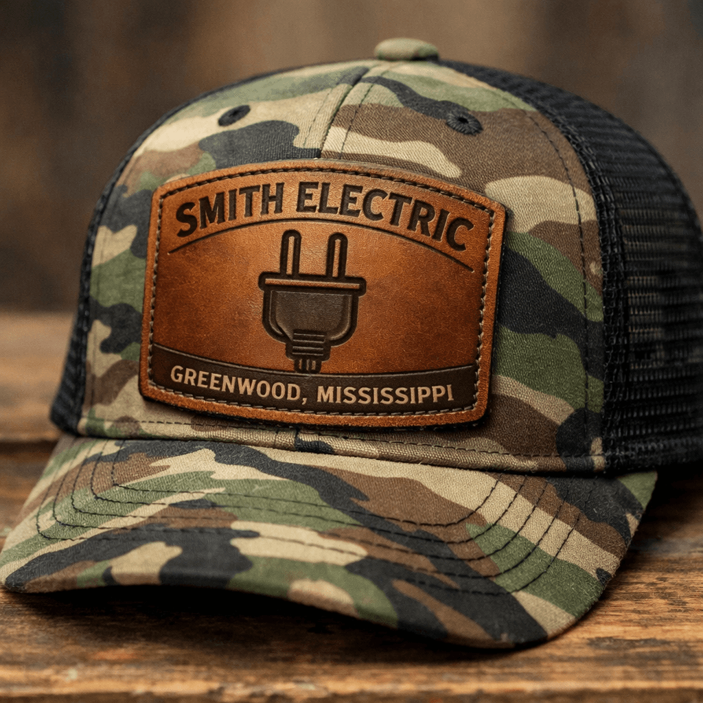 Custom patchwork leather badge stitched onto a camo trucker cap