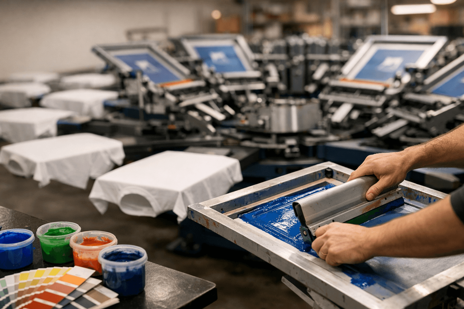 Screen printing station with squeegee and ink setup for production runs